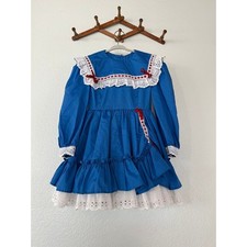 Vintage girls blue white red party dress tagged 5T ruffle frilly dress
