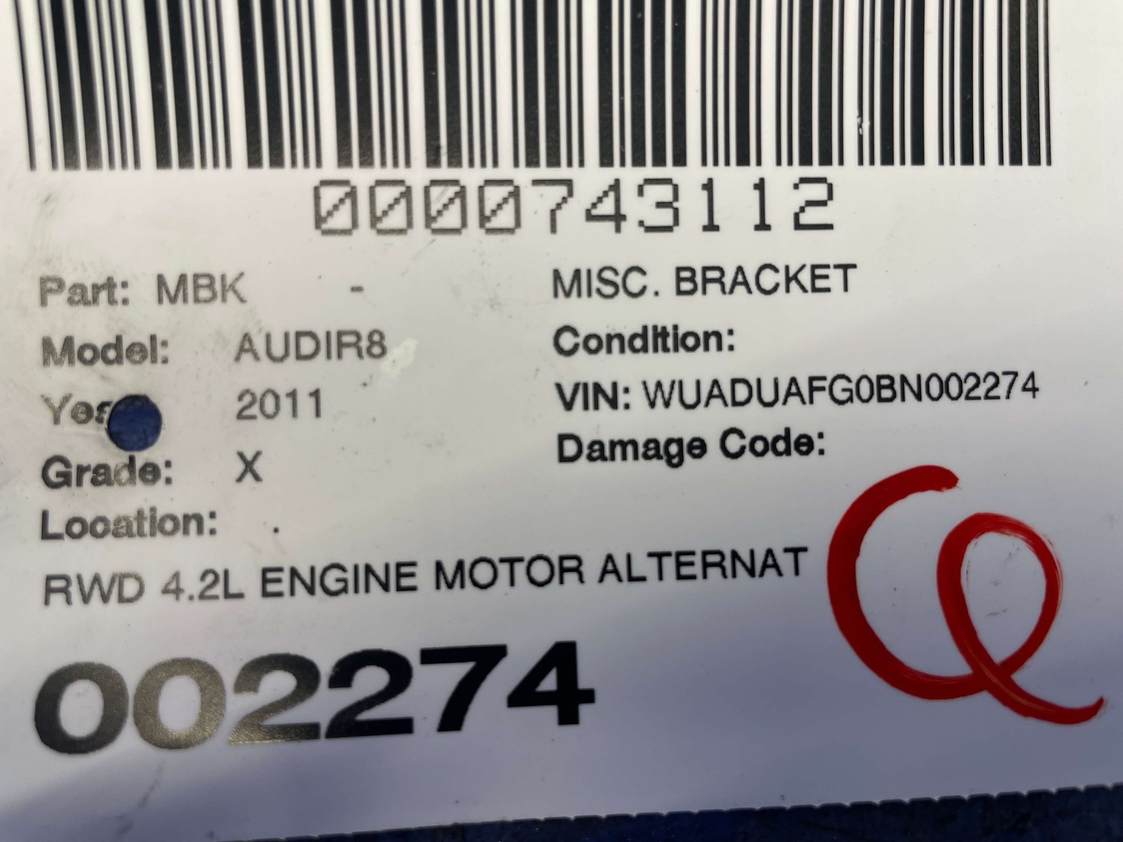 2008-2015 AUDI R8 4.2L ENGINE ALTERNATOR SUPPORT MOUNT BRACKET 079903805AC