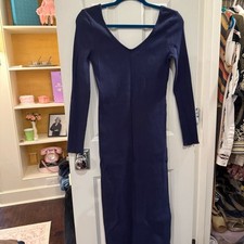 Pact V-Neck Ribbed Long Sleeve Bodycon Maxi Dress Navy Blue size Small