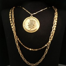 Vintage Gold-Tone Triple Chain Multi-Strand Necklace Coin Pendant