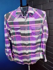 Vintage Wrangler Western Button Up Shirt Size Medium Striped Purple Pearl Snap