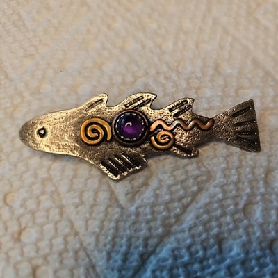 Catherine McElroy Signed Sterling & Amethyst Whimsical Fish Pendant/Brooch 2.25 