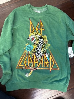 NWT Def Leppard Retro Sweatshirt Adult M Green Graphic Print Beaded Stars 1980s
