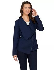 H by Halston Draped Asymmetrical Zip Linen Blend Blazer Jacket Blue 14 New Women