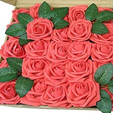 J-Rijzen Artificial Flowers 50PCS Coral Roses with Stem for Wedding