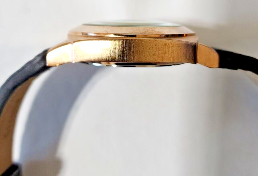 Rare Stauer Gold Tone Watch 50476 Black Leather Strap, Date 