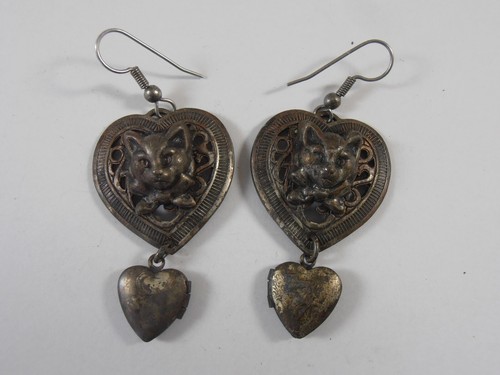 Vintage Silver Kitty Cat Heart Hook Earrings with Locket Heart