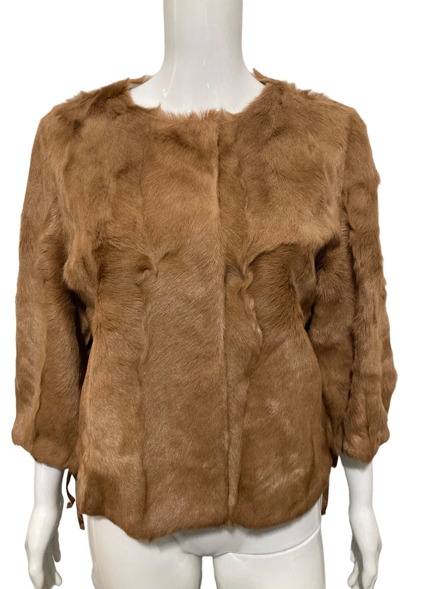RED VALENTINO Brown Real Fur Cropped 3 4 Sleeve Star Printed Jacket Size 44