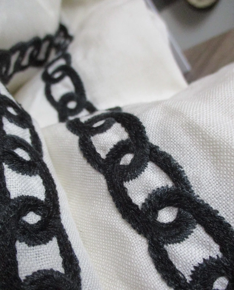 JF Fabrics Tangle Design 5 1/2 Yards Linen Fabric Embroidered Chain Ivory & Blue - Image 2 of 4