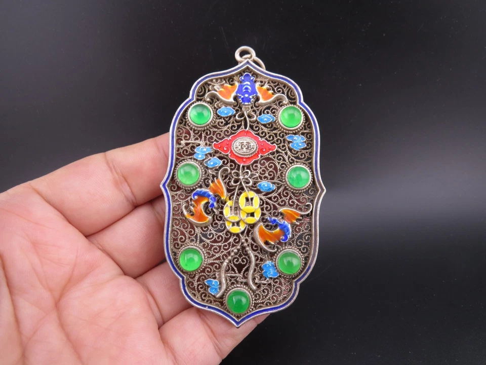 China, jade, plata pura, filigrana, incrustación de jadeíta, murciélago raro, colgante D425 Foto 3 de 4