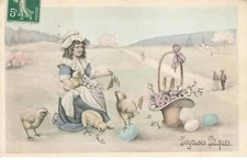 ILLUSTRATOR #FG37828 PRETTY GIRL HAPPY EASTER CHICKS AND EGGS M.M. VI