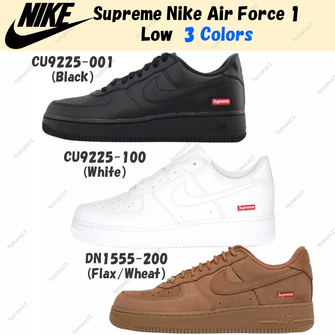 Supreme Nike Air Force 1 Low Black White Wheat 3colors DN1555-200 CU9225 US  4-14