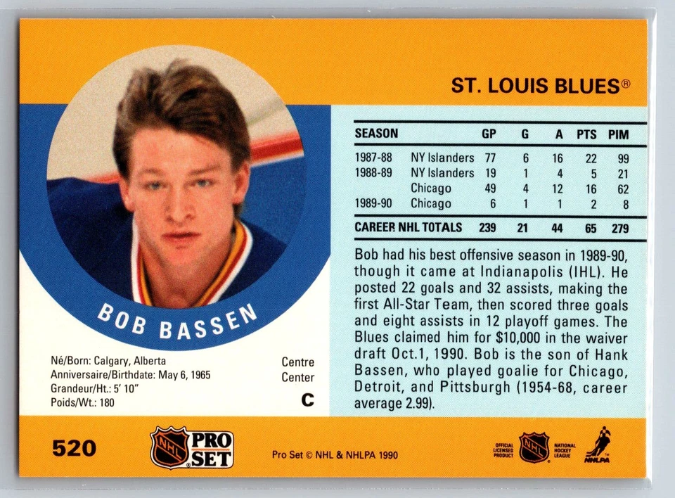 1990-91 NHL Pro Set Bob Bassen Rookie St. Louis Blues RC #520 - Image 2 of 2
