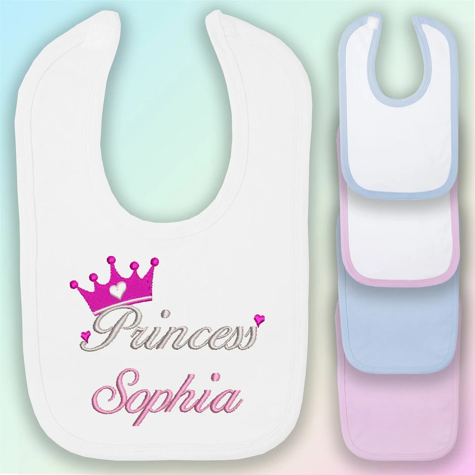 BABYSTITCHING Personalisiertes besticktes Baby Lätzchen Prinzessin Krone Geschenk Name Mädchen Mädchen