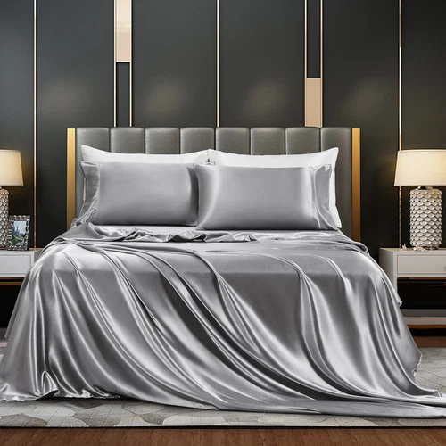 Satin Imitation Silk 4 piece Bedding Set Silk Bed Sheet Silk Quilt Cover Bedding - Picture 2 of 37