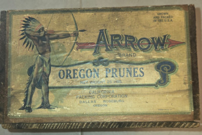 1920 ARROW Brand Roseburg&Dallas,OREGON PRUNES Wood Box Crate Paper Label INDIAN