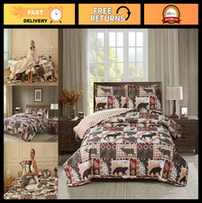 Rustic King Size Quilt Set - Reversible Patchwork Bedspread, Moose  Bear Design