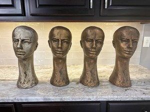 4 VTG Chalkware Male Mannequin Head Bust Faux Bronze Barber Toupee Hat Display