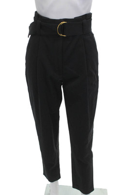 ALC Women Paperbag Ankle Cropped Dress Pants Black Buckle Cotton Tencel Size 0