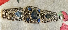 Vintage Ornate Victorian Revival Faux Sapphire Pearl Gemstones Big Cuff Bracelet