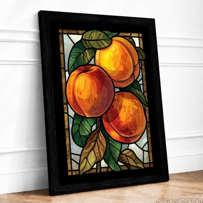 Buntglas Pfirsiche Vintage gerahmter Wandkunstdruck Wohndeko fertig zum Aufhängen