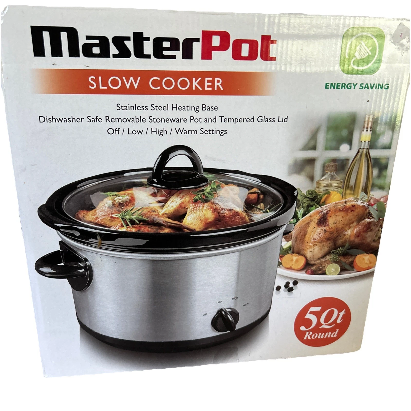 Slow Cooker Crock Pot 5 Qt Energy Savings Round Stainless Stl Glass Lid 4 Sttngs