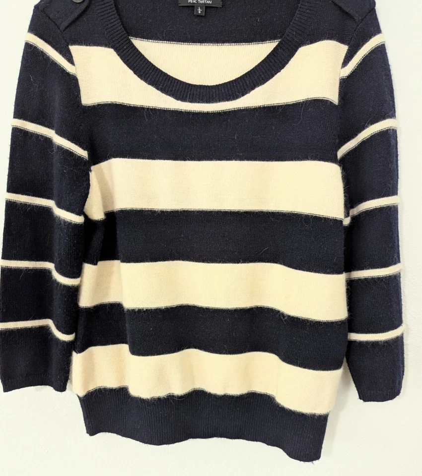 粉红色格纹圆领纽扣条纹毛衣羊毛安哥拉米色蓝色 L 码 — 第 3/4 张图片