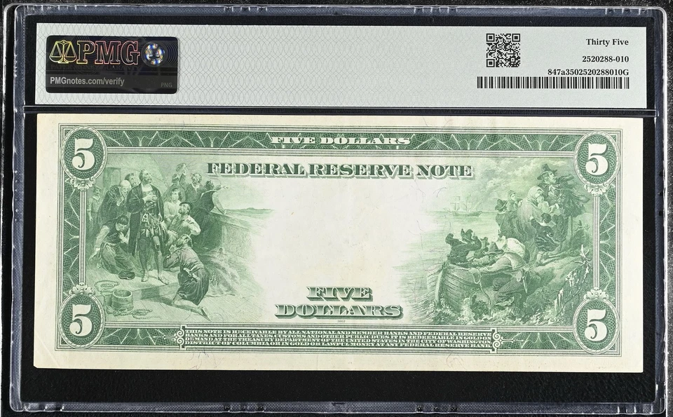 1914 Fr 847a $5 Dollar Large Size US Federal Reserve Note Paper Money PMG VF35 - Image 2 of 2