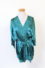 VINTAGE VICTORIA SECRET Emerald Green ROBE Floral Trim ONE SIZE SHORT