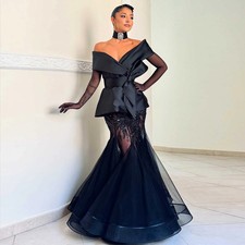 Black Evening Dresses Beaded Tulle Women Outfit Formal Dress Mermaid Prom Dress