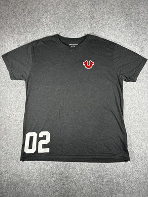 True Religion Men's Charcoal Grey Graphic T-Shirt Buddha Red Horseshoe Logo