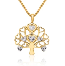 14K Solid Two Tone Gold Heart Tree of Life Necklace