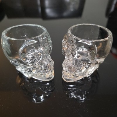 Pair Of 2 Skull Skeleton 2 oz Crystal Head Thick Shot Glasses Halloween Akroyd