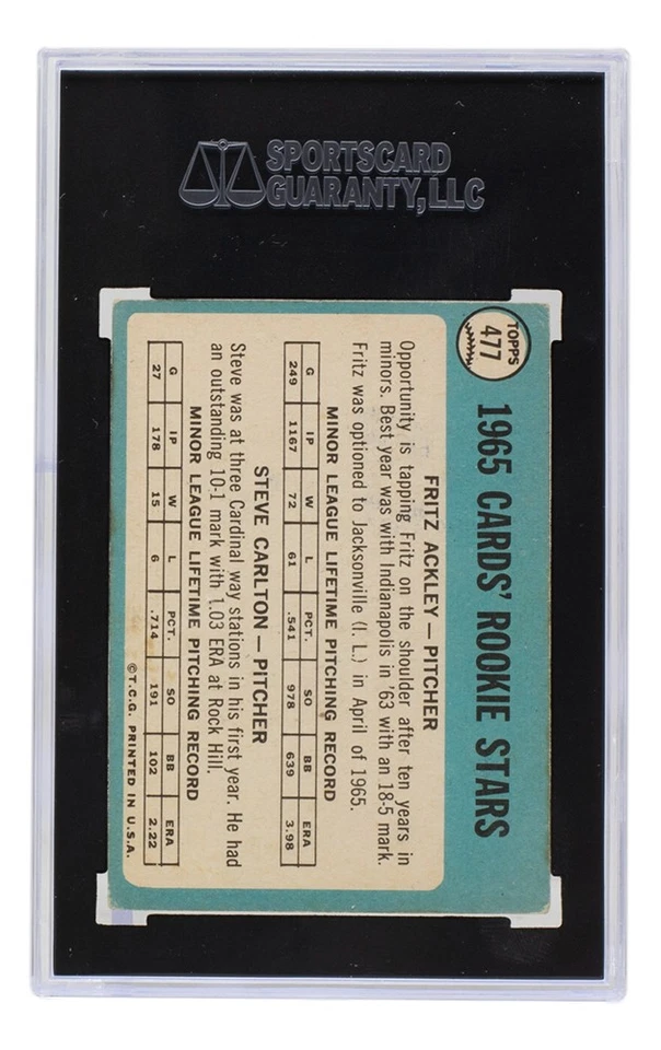 Steve Carlton Signed Cardinals 1965 Topps #477 Rookie Baseball Card SGC - Image 3 of 3