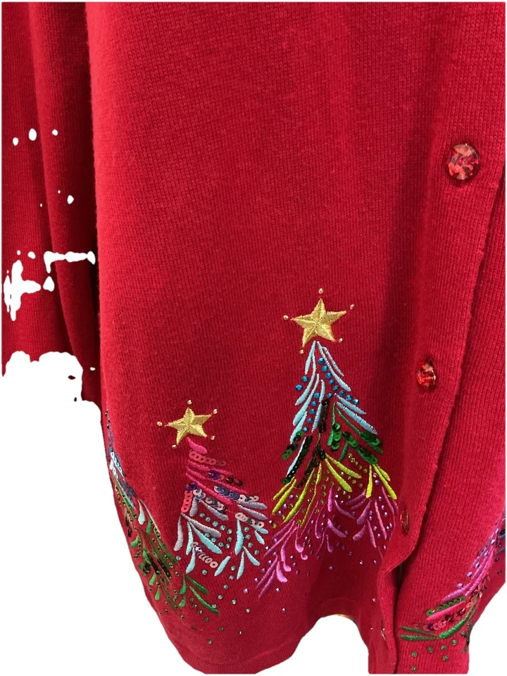 Quacker Factory XL Sequin Dazzling Christmas Tree Cardigan Red Holiday Sweater - Image 3 of 4