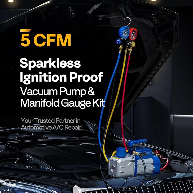 Bomba de vacío de aire HVAC de doble etapa 1/2 HP 5CFM juego de manómetros de colector de CA motor sin chispas Foto 2 de 4