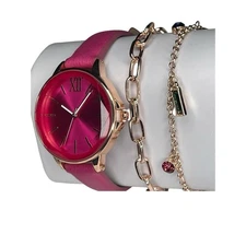 Pink Gold Tone Women's Watch Bracelet (3 Piece Set) Faux Leather Strap NEW