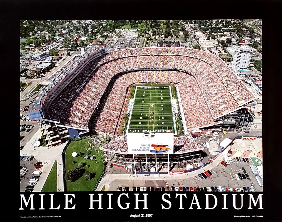 SPORTS POSTER WAREHOUSE Denver Broncos MILE HIGH STADIUM CLASSIC 1997 NFL Football Aerial 22x28 POSTER