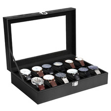 12 Slots Watch Box PU Leather Watch Case Glass Lid Jewelry Storage Display Case