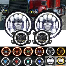 RGB 7" Halo LED Headlights & 4" Halo Fog Light Combo For Freightliner Coronado