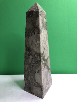 Vintage 11.75  Marble or Granite Obelisk Grey Shades Gorgeous Patterns Fossils