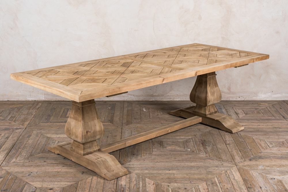 2.4M LARGE PINE KITCHEN DINING TABLE WITH TWO PEDESTALS PATTERENED TOP