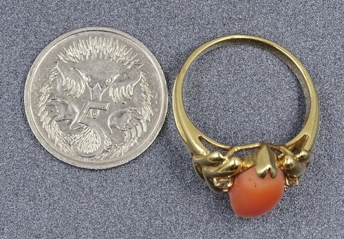 Vintage Unique Darling 14ct Yellow Gold Genuine RED CORAL & Diamond Ladies Ring - 第 7/8 張圖片
