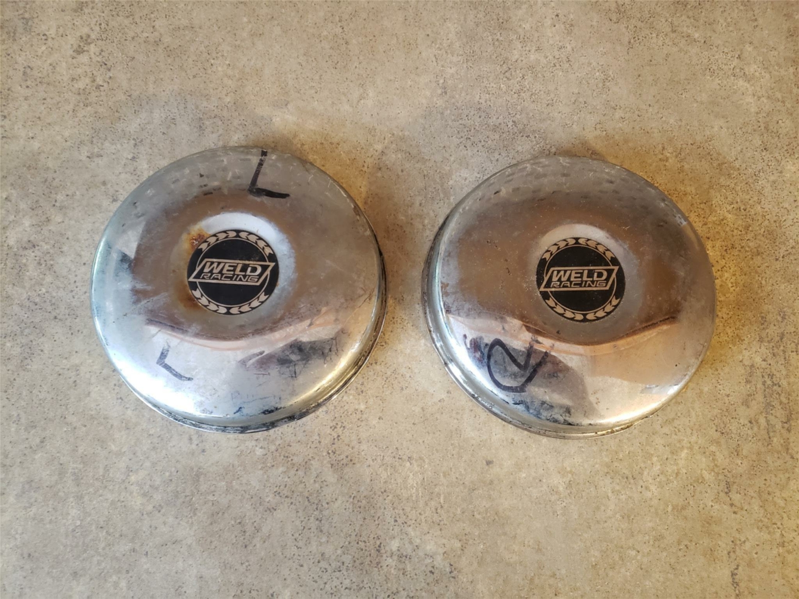 VINTAGE WELD RACING CUSTOM WHEELS CENTER HUB CAPS PAIR 5