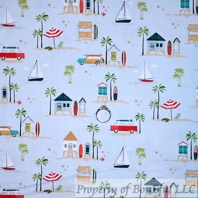 BonEful Fabric FQ Cotton Quilt Blue Summer Cloud Scenic Palm Tree Ocean Cottage - Image 1 of 4