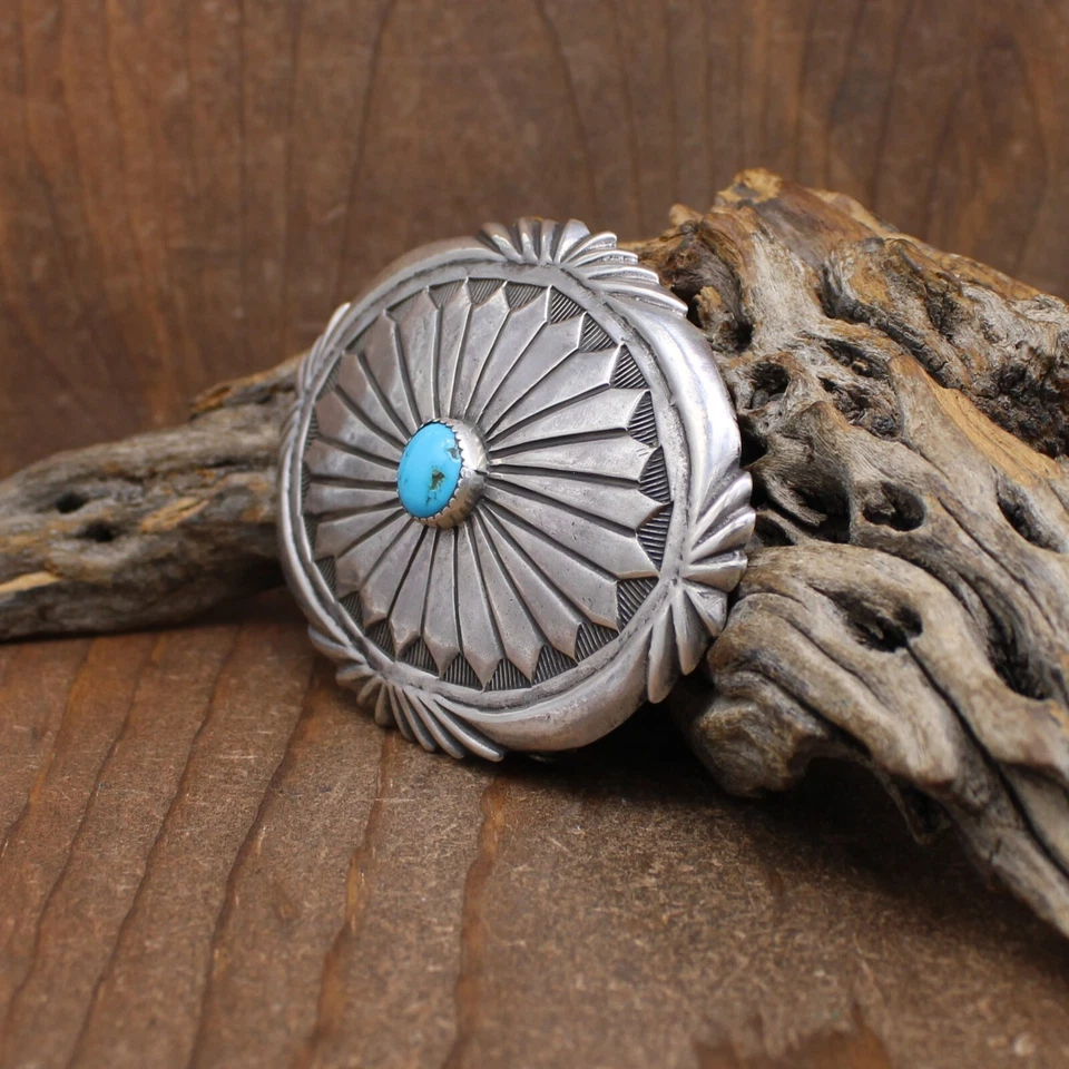Vintage Southwest Stamped Sterling Silver with Round Turquoise Stone Belt Buckle - Image 3 of 4