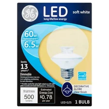 GE Lighting 37270 LED G25 Decorative Bulb with Medium Base, 6.5-Watt, 3 Pack