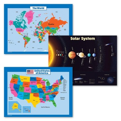 3 Pack - USA & World Map for Kids + Solar System Poster 18'' X 24'', LAMINATED