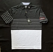 Footjoy Men's Golf Shirt Lisle Stripe Black White Titliest Patch Size Medium