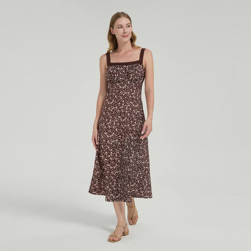 Women's Embroidered Strap Midi A-Line Dress - Universal Thread Brown Floral M